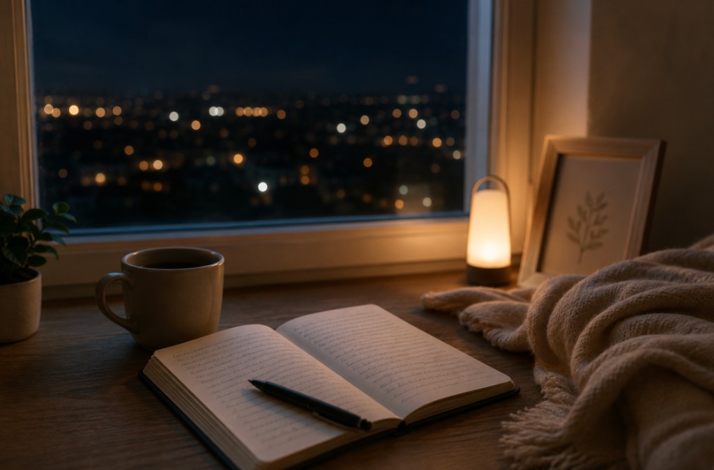 Taza junto a una ventana por la noche