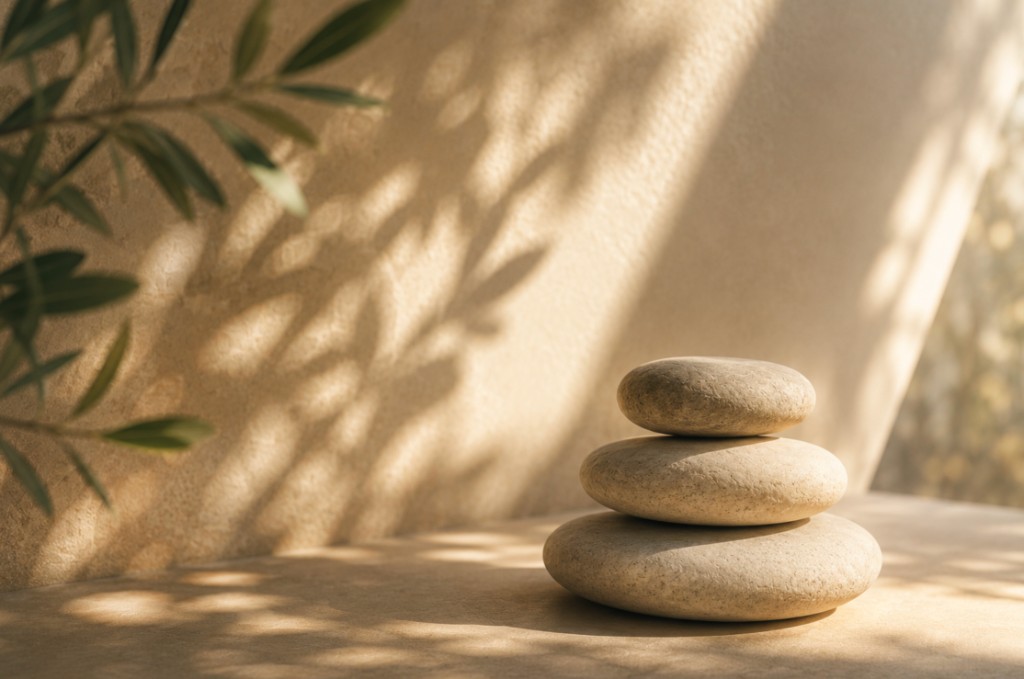 Piedras apiladas en equilibrio con luz cálida